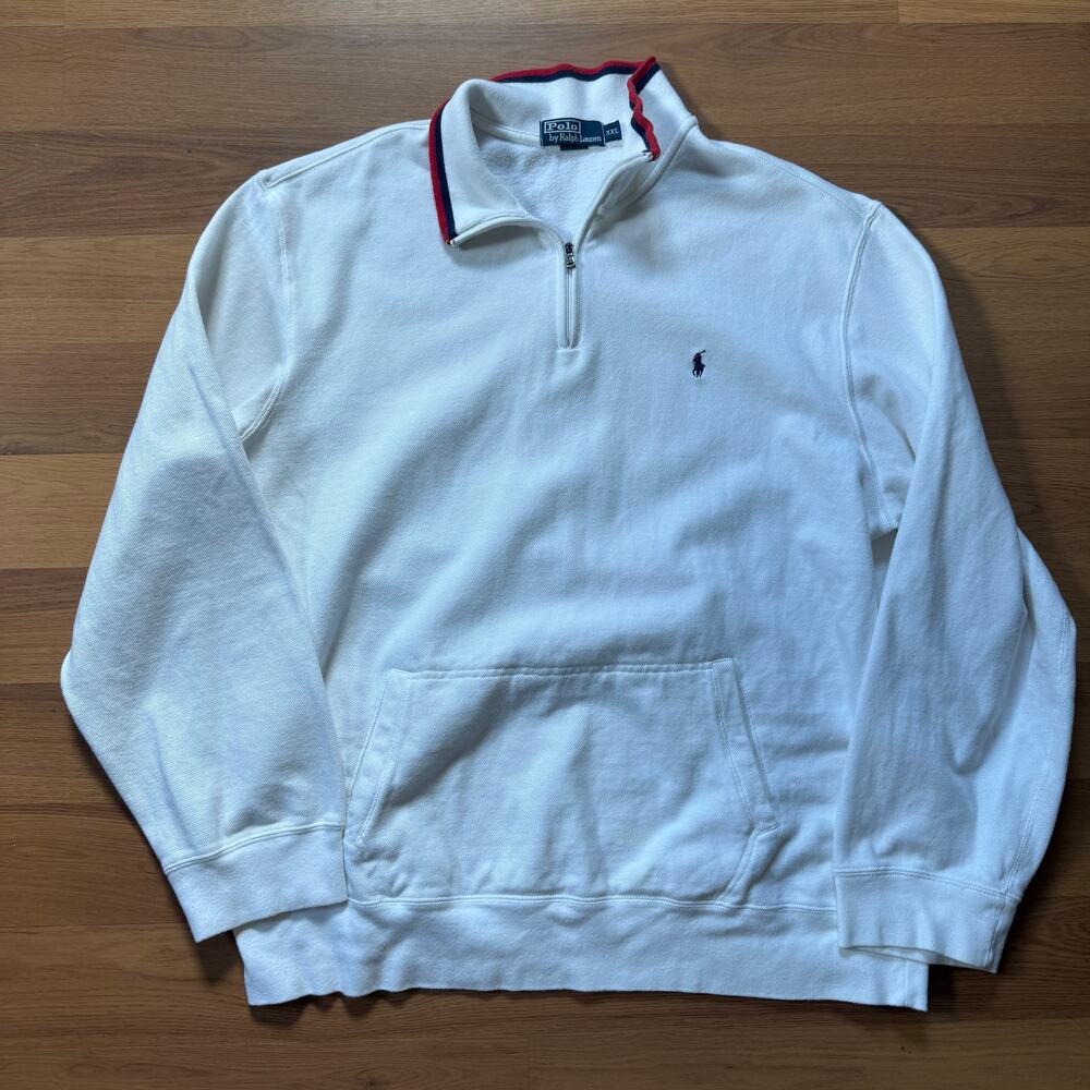 Men's Vintage Polo Ralph Lauren White Red Blue 1/4 Zip Pullover Sweatshirt 2XL